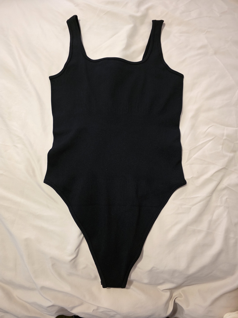 Everyday Black Ribbed Scoop-Front,Thong Bodysuit